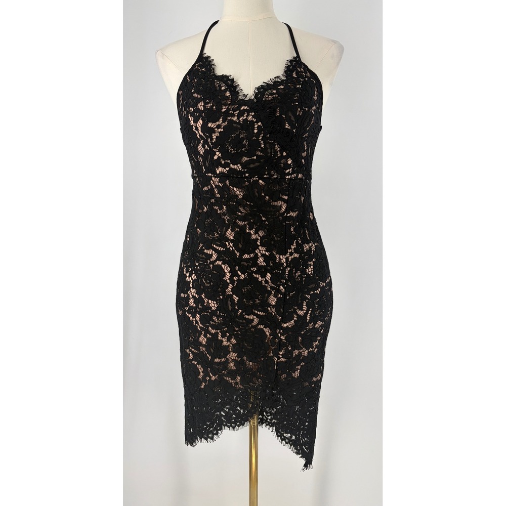 Lulus Black Lace Halter Dress Nude Lining Asymmetrical Hem Small D15805CQC Goth